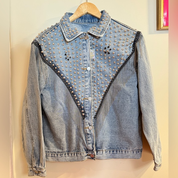 Jackets & Blazers - Studded Fringe Light Blue Denim Jacket - Women